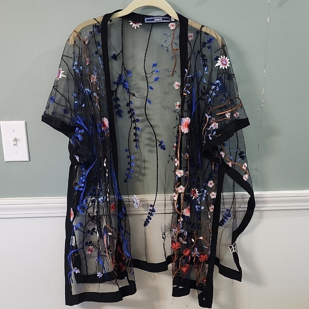 Highness Sheer Black Kimono with Floral Embroidery